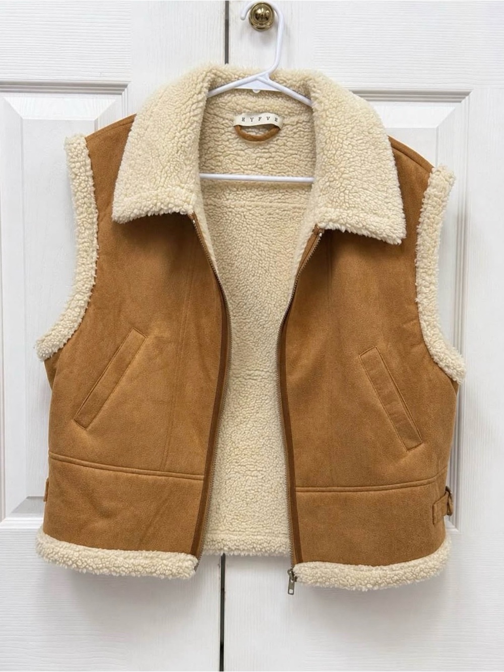 HYFVE Tan Suede Sherpa-Lined Vest with Cream Trim
